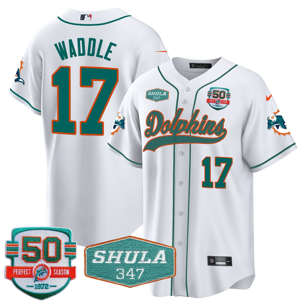 Men's Dolphins 50th & Don Shula 347 Memorial Patch Baseball Jersey - All Stitched