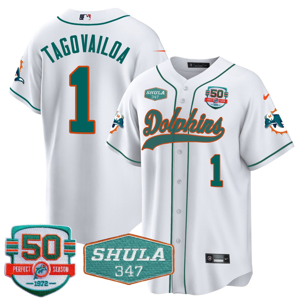 Men's Dolphins 50th & Don Shula 347 Memorial Patch Baseball Jersey - All Stitched
