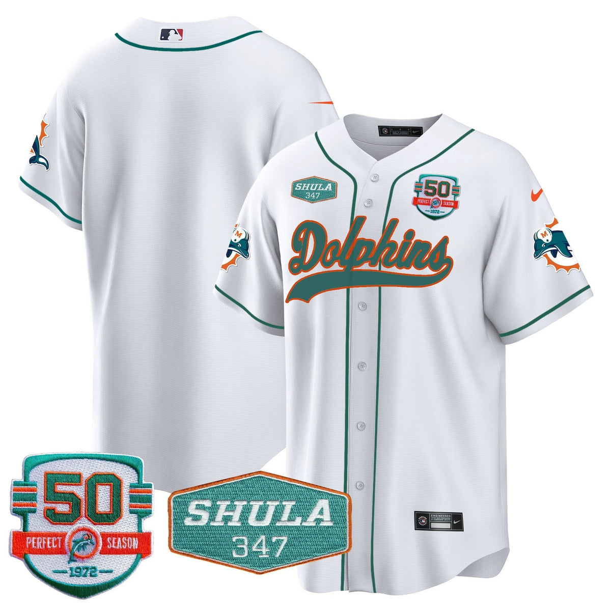 Men's Dolphins 50th & Don Shula 347 Memorial Patch Baseball Jersey - All Stitched