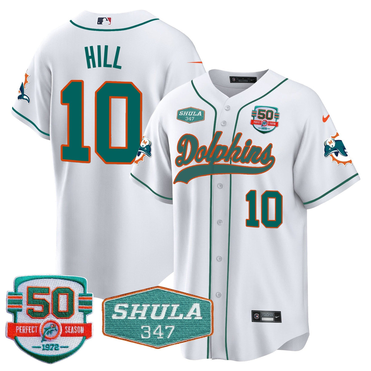 Men's Dolphins 50th & Don Shula 347 Memorial Patch Baseball Jersey - All Stitched