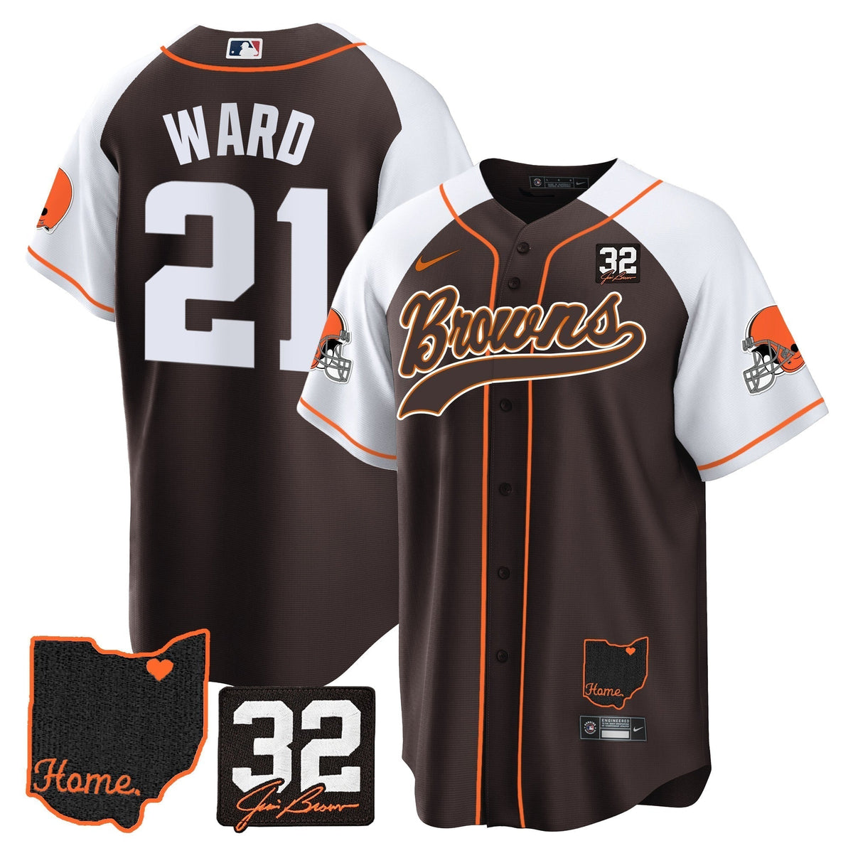 Men's Browns #32 Jim Brown Memorial & Home Patch Baseball Jersey V2 - All Stitched