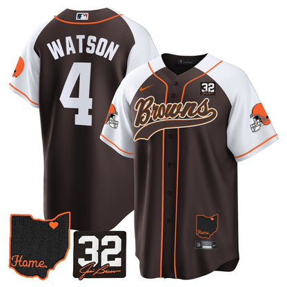 Men's Browns #32 Jim Brown Memorial & Home Patch Baseball Jersey V2 - All Stitched