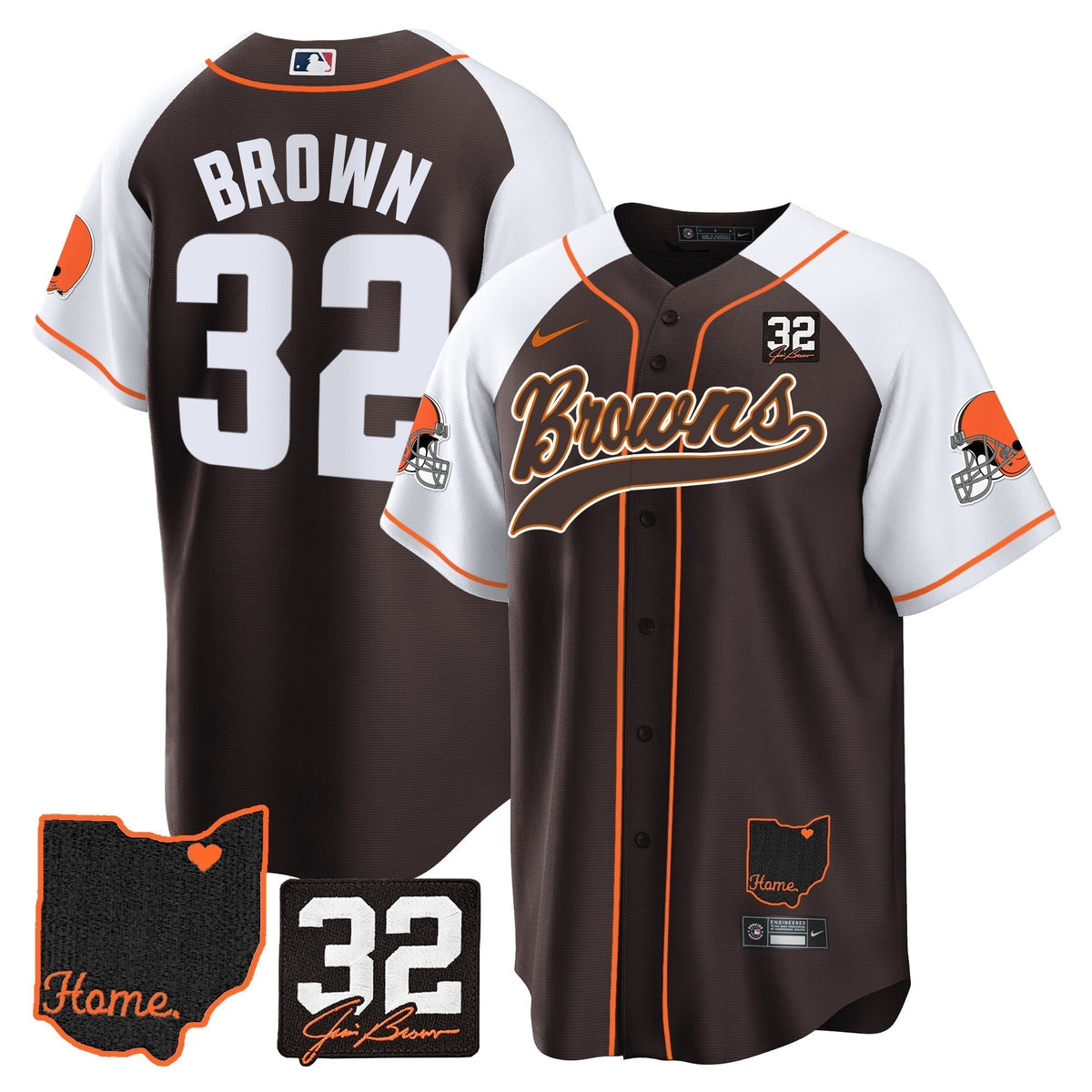 Men's Browns #32 Jim Brown Memorial & Home Patch Baseball Jersey V2 - All Stitched