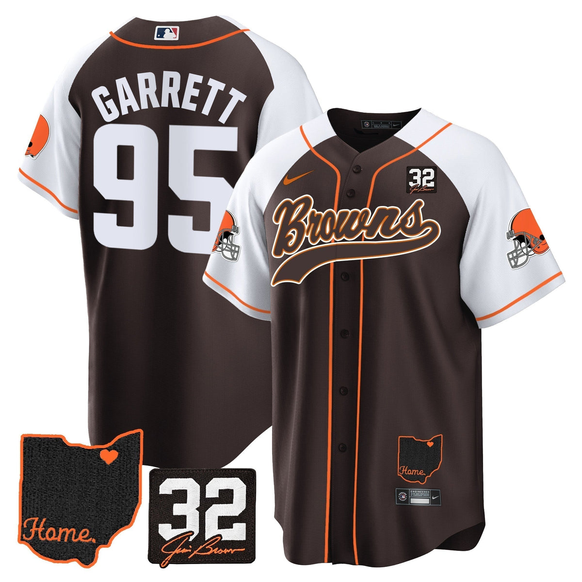Men's Browns #32 Jim Brown Memorial & Home Patch Baseball Jersey V2 - All Stitched