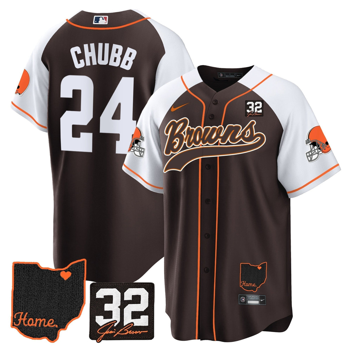 Men's Browns #32 Jim Brown Memorial & Home Patch Baseball Jersey V2 - All Stitched