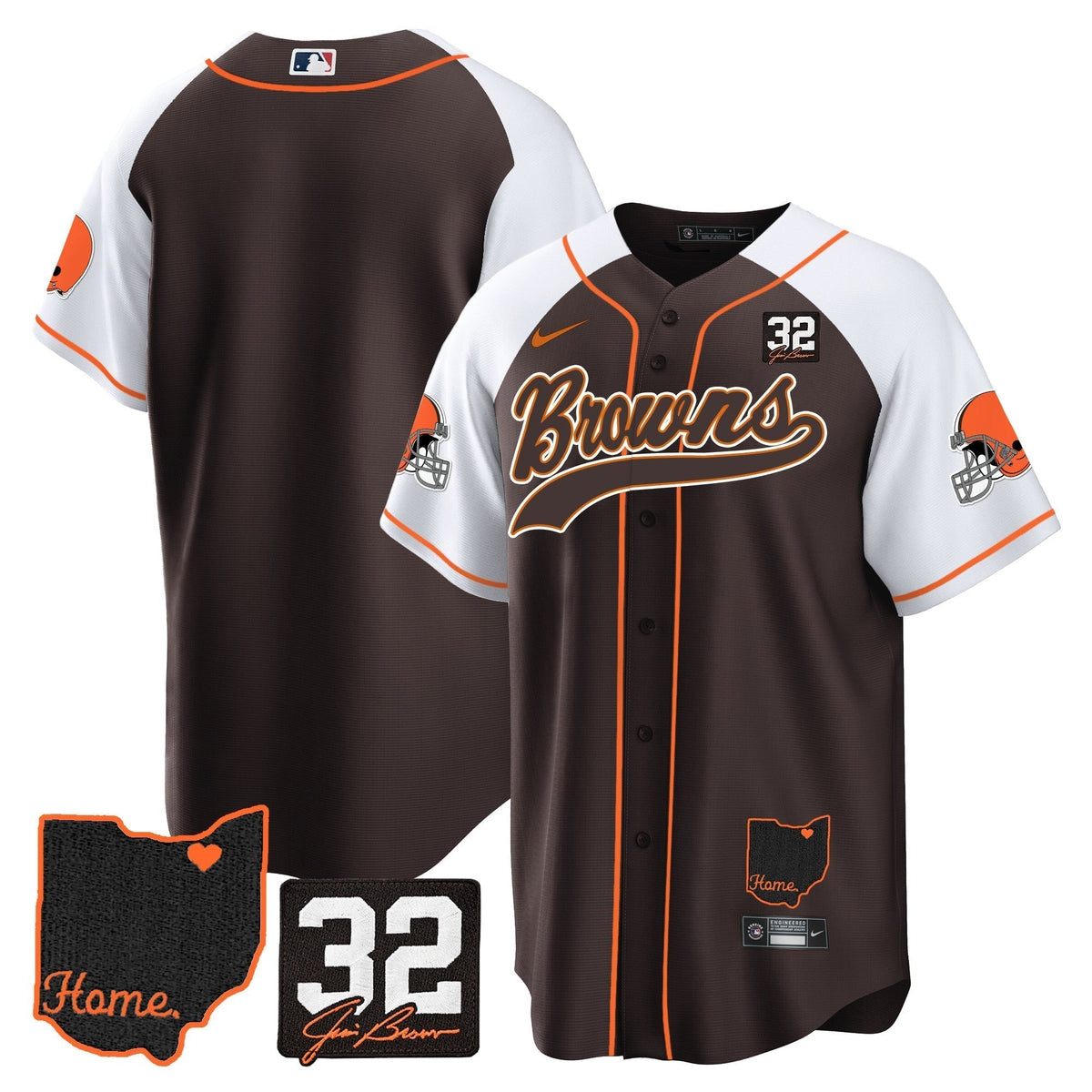 Men's Browns #32 Jim Brown Memorial & Home Patch Baseball Jersey V2 - All Stitched