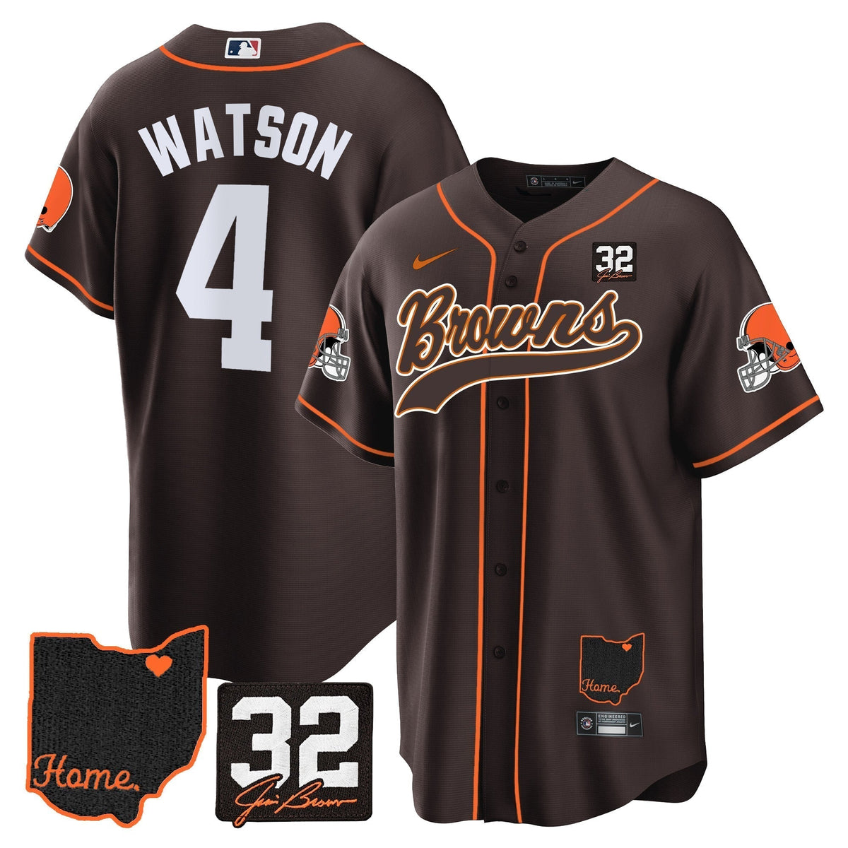 Men's Browns #32 Jim Brown Memorial & Home Patch Baseball Jersey V2 - All Stitched
