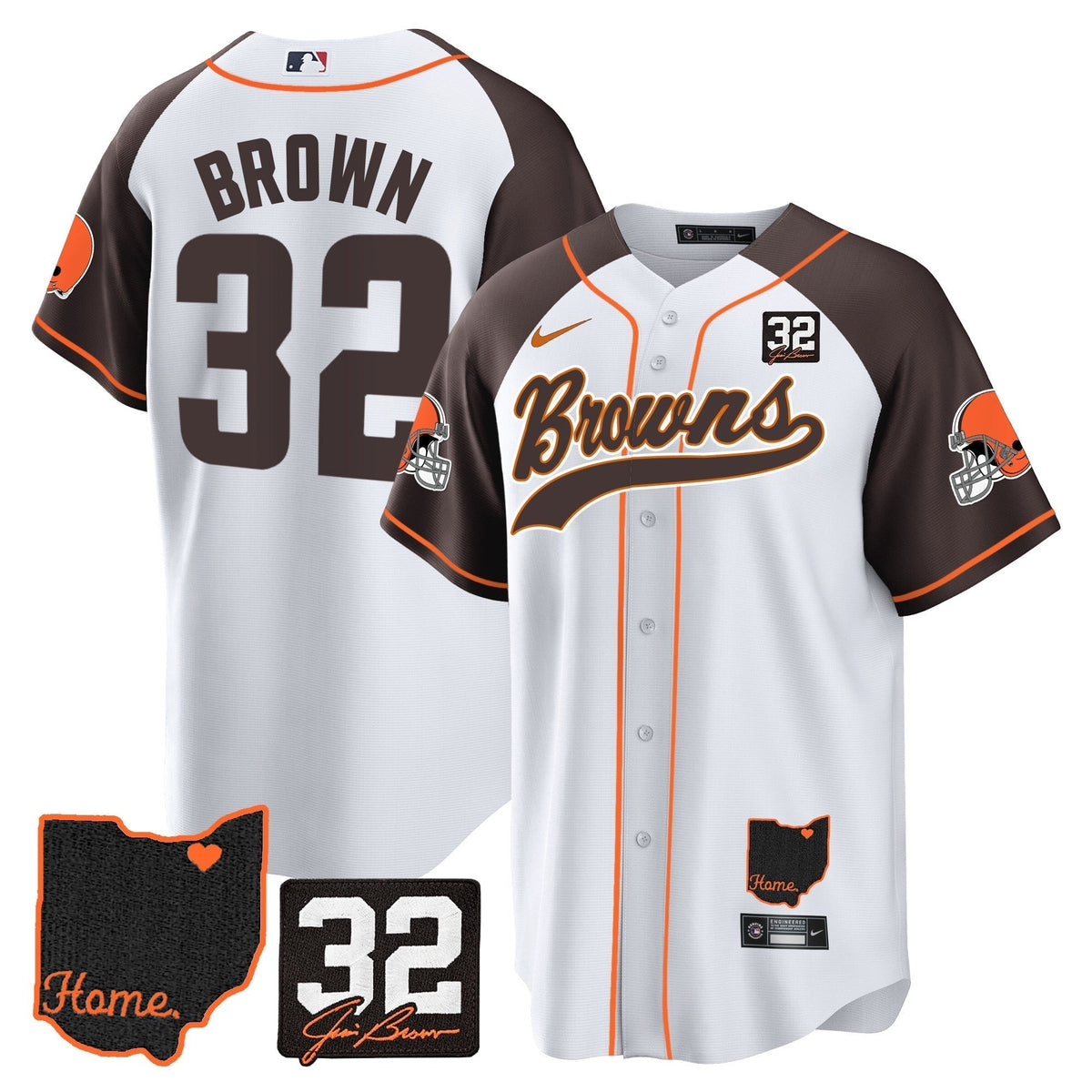 Men's Browns #32 Jim Brown Memorial & Home Patch Baseball Jersey V2 - All Stitched