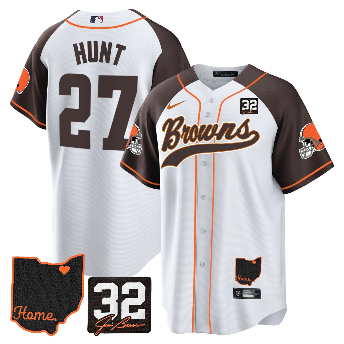 Men's Browns #32 Jim Brown Memorial & Home Patch Baseball Jersey V2 - All Stitched