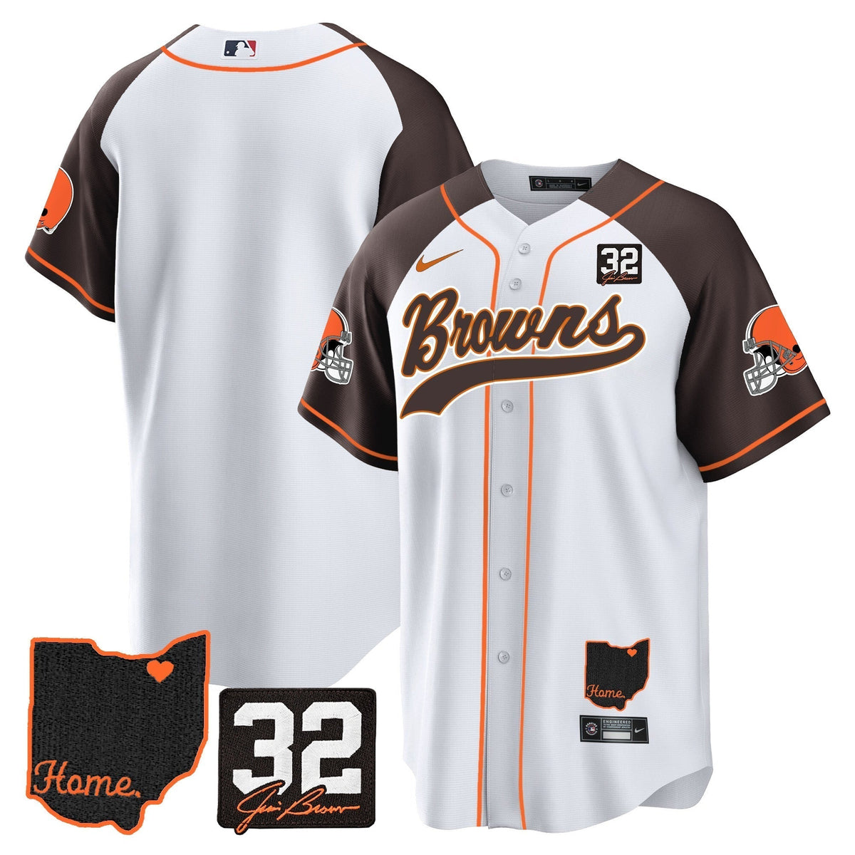 Men's Browns #32 Jim Brown Memorial & Home Patch Baseball Jersey V2 - All Stitched