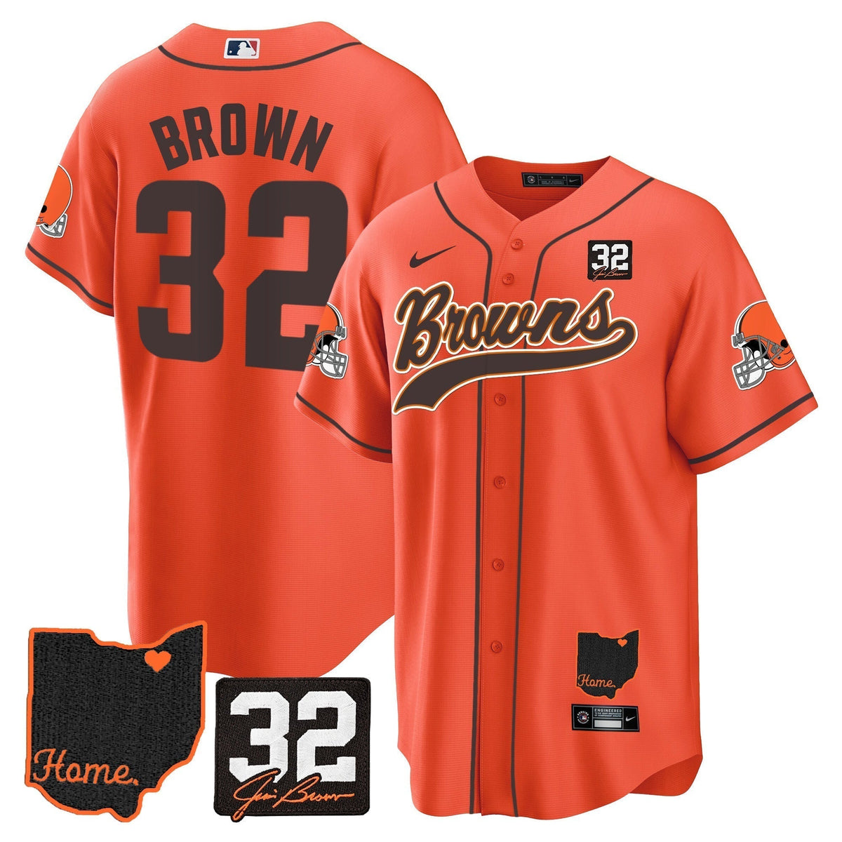 Men's Browns #32 Jim Brown Memorial & Home Patch Baseball Jersey V2 - All Stitched