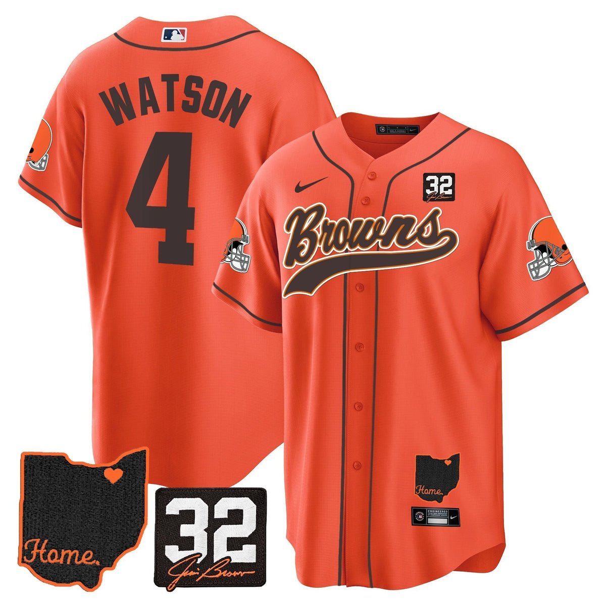 Men's Browns #32 Jim Brown Memorial & Home Patch Baseball Jersey V2 - All Stitched