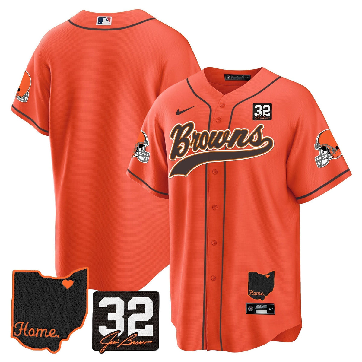 Men's Browns #32 Jim Brown Memorial & Home Patch Baseball Jersey V2 - All Stitched
