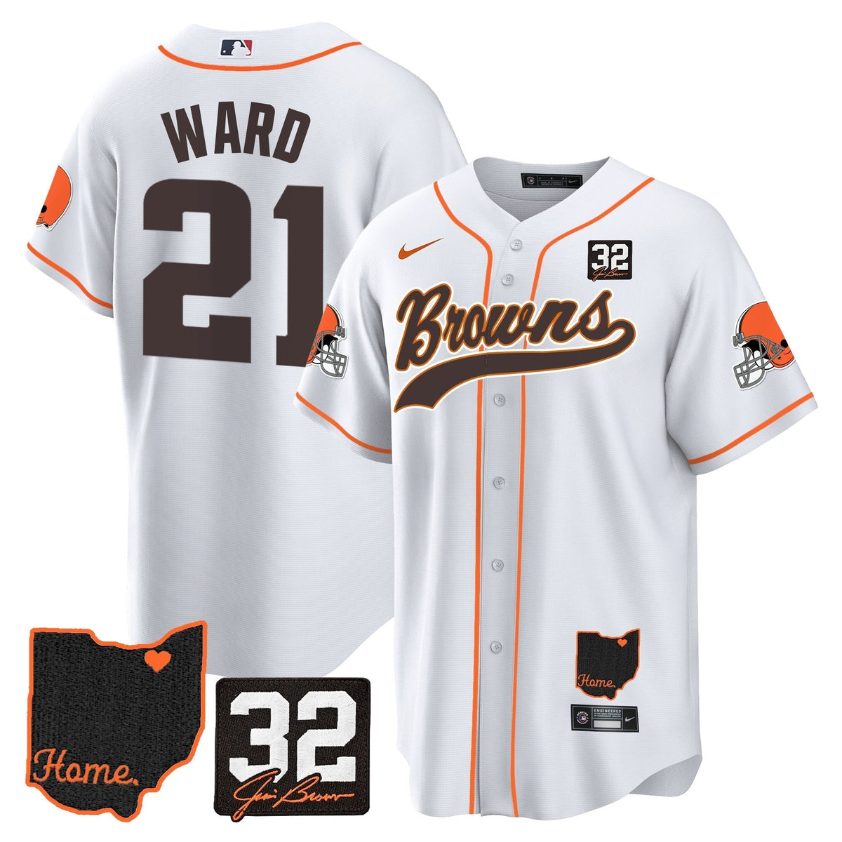 Men's Browns #32 Jim Brown Memorial & Home Patch Baseball Jersey V2 - All Stitched