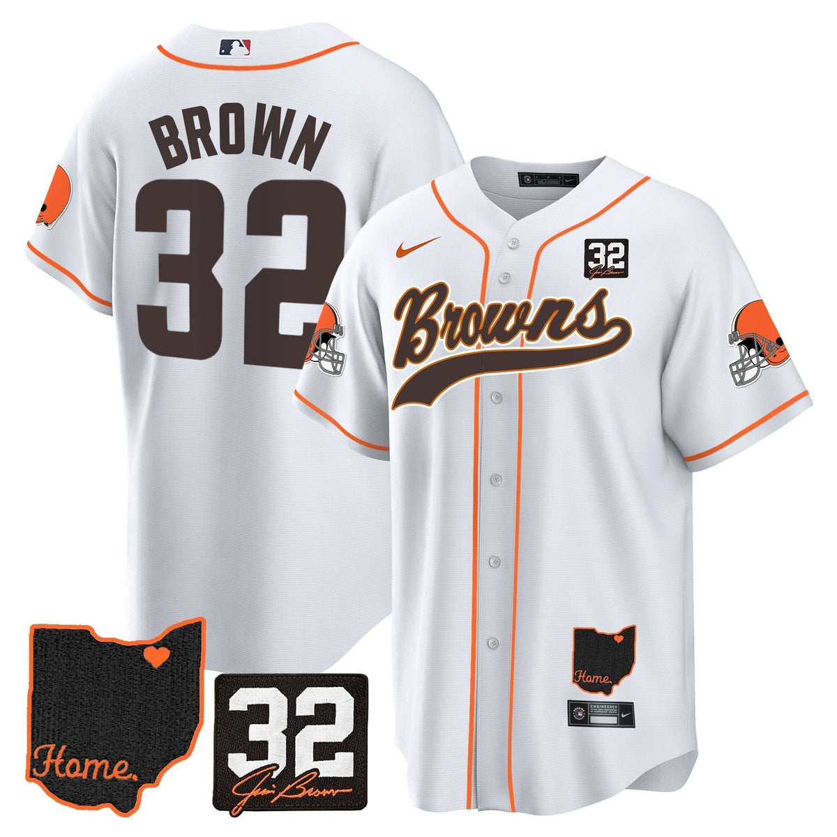 Men's Browns #32 Jim Brown Memorial & Home Patch Baseball Jersey V2 - All Stitched