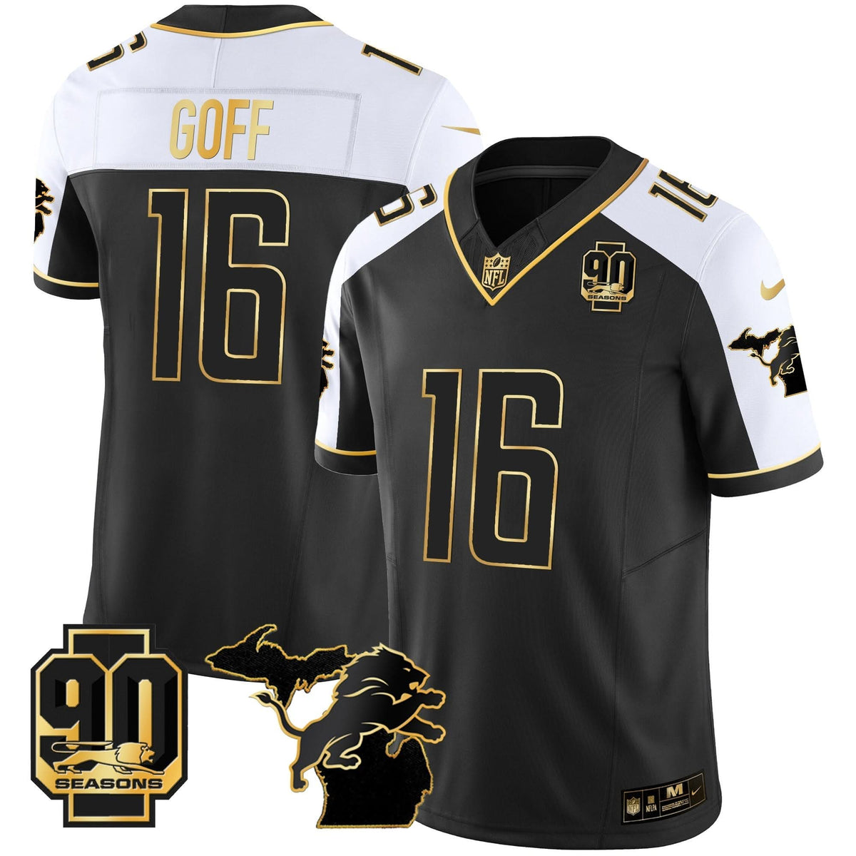 DET 90th Year & Michigan Patch Gold Vapor Jersey - All Stitched
