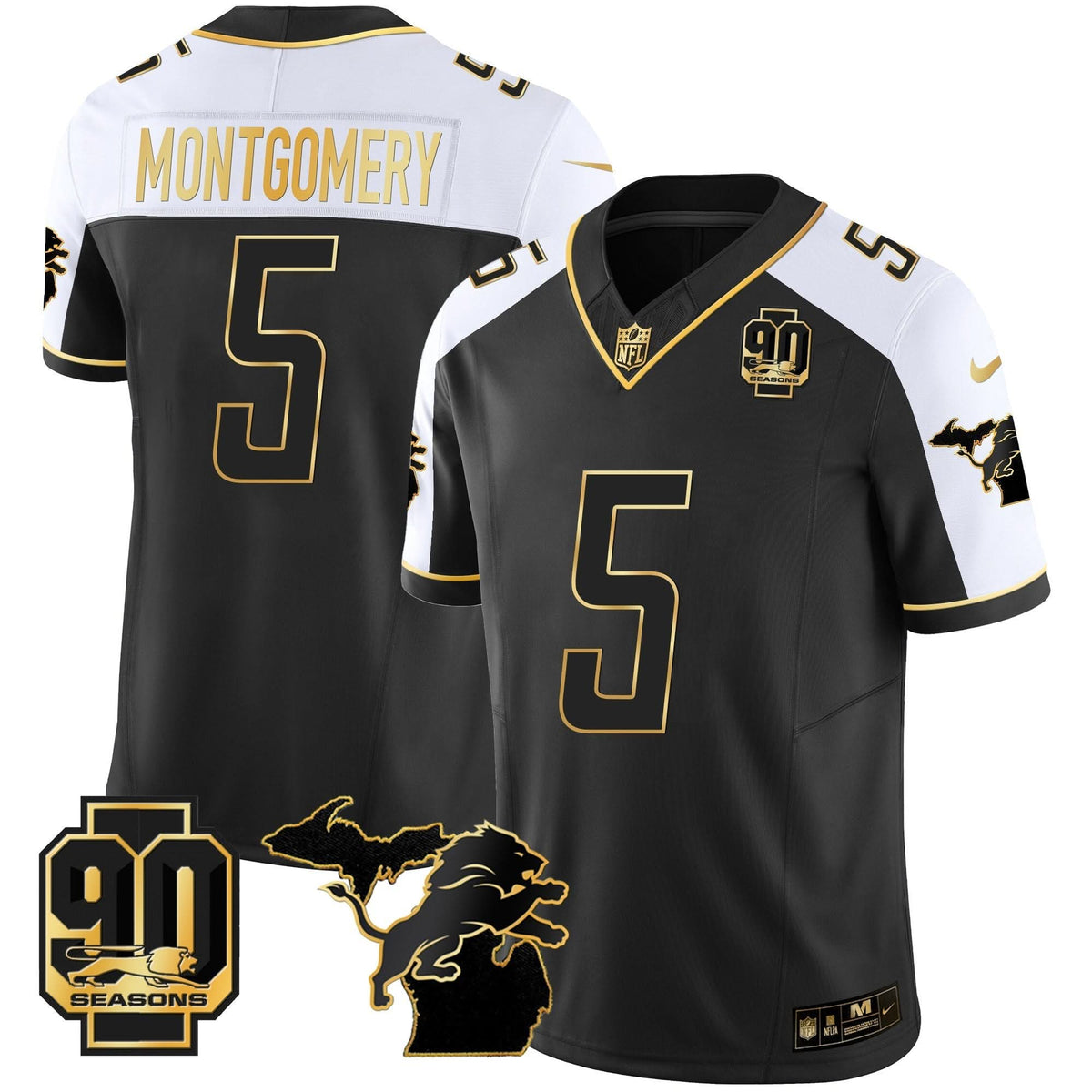 DET 90th Year & Michigan Patch Gold Vapor Jersey - All Stitched