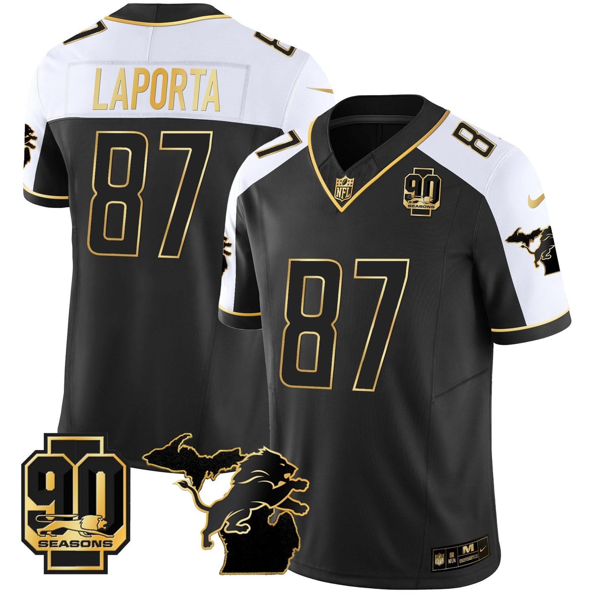 DET 90th Year & Michigan Patch Gold Vapor Jersey - All Stitched