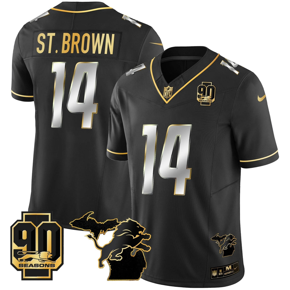 DET 90th Year & Michigan Patch Gold Vapor Jersey - All Stitched