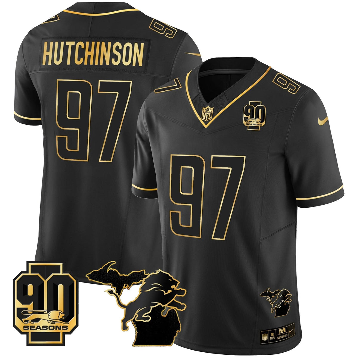 DET 90th Year & Michigan Patch Gold Vapor Jersey - All Stitched