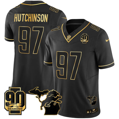 DET 90th Year & Michigan Patch Gold Vapor Jersey - All Stitched