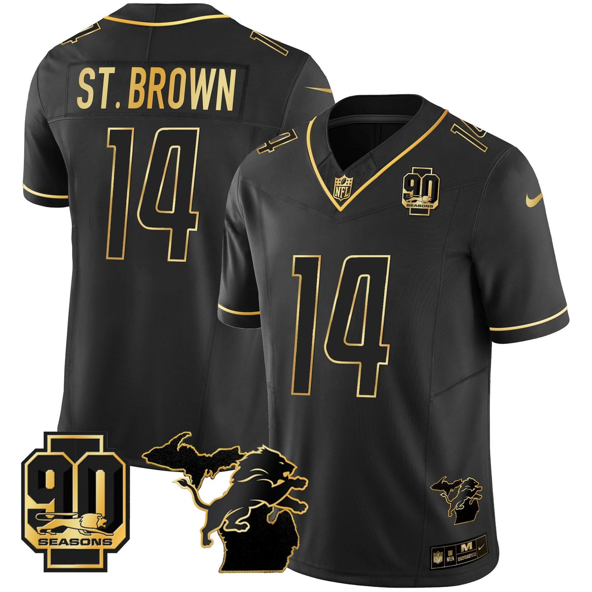 DET 90th Year & Michigan Patch Gold Vapor Jersey - All Stitched