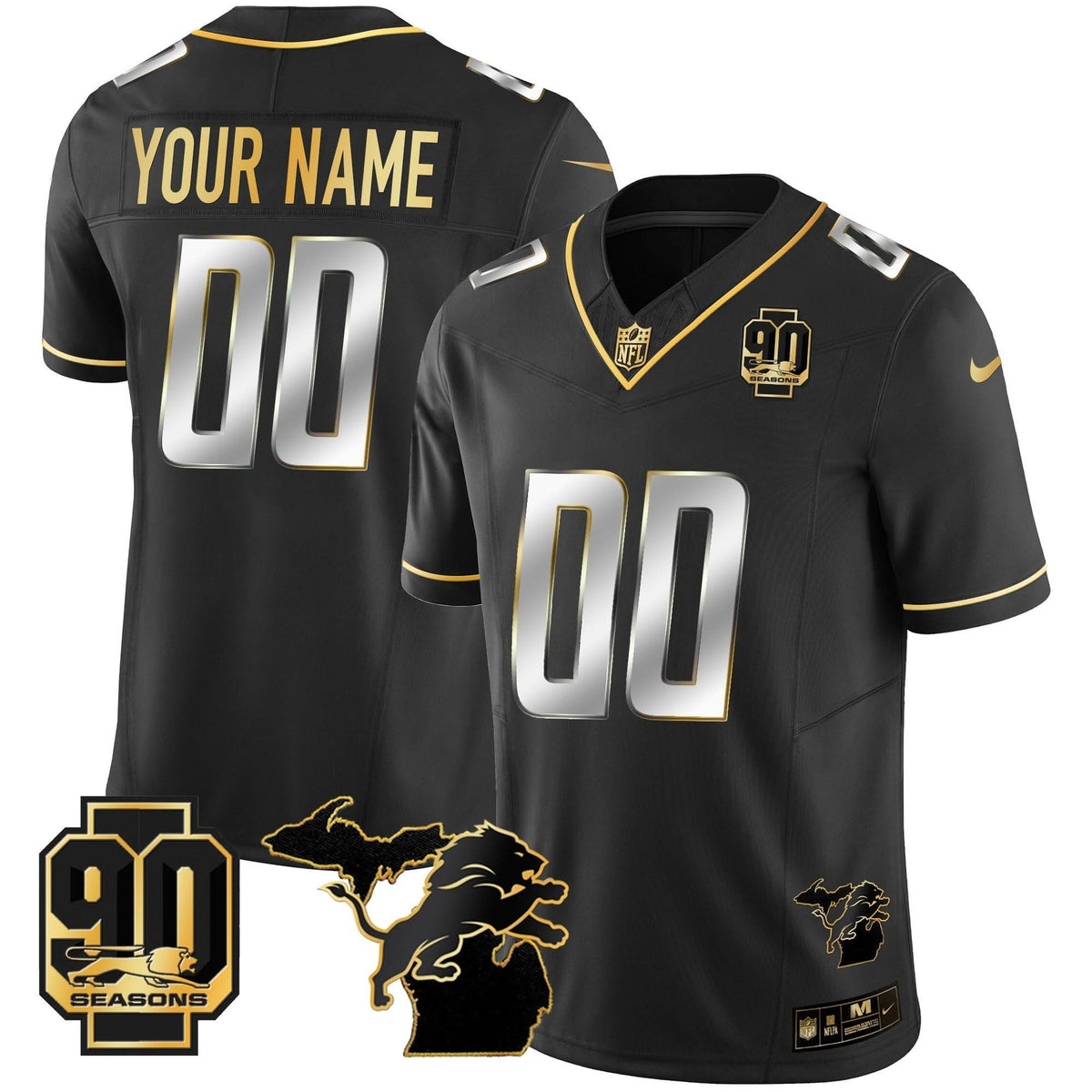 DET 90th Year & Michigan Patch Gold Vapor Custom Jersey - All Stitched
