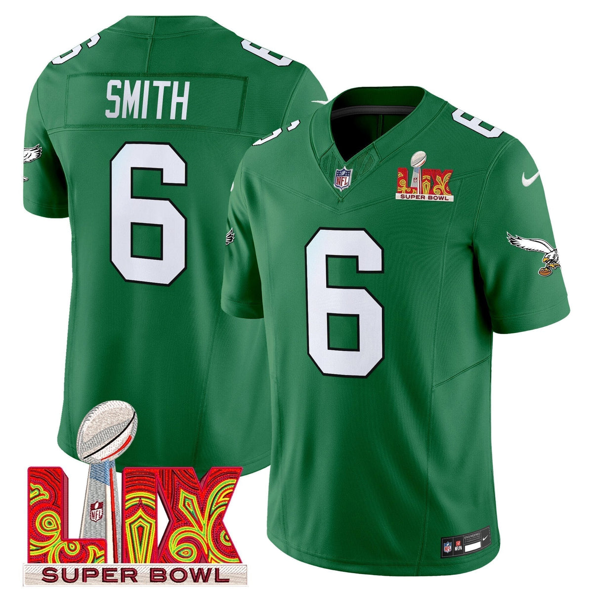 PHI Kelly Green Super Bowl LIX Patch Vapor Limited Jersey - Stitched