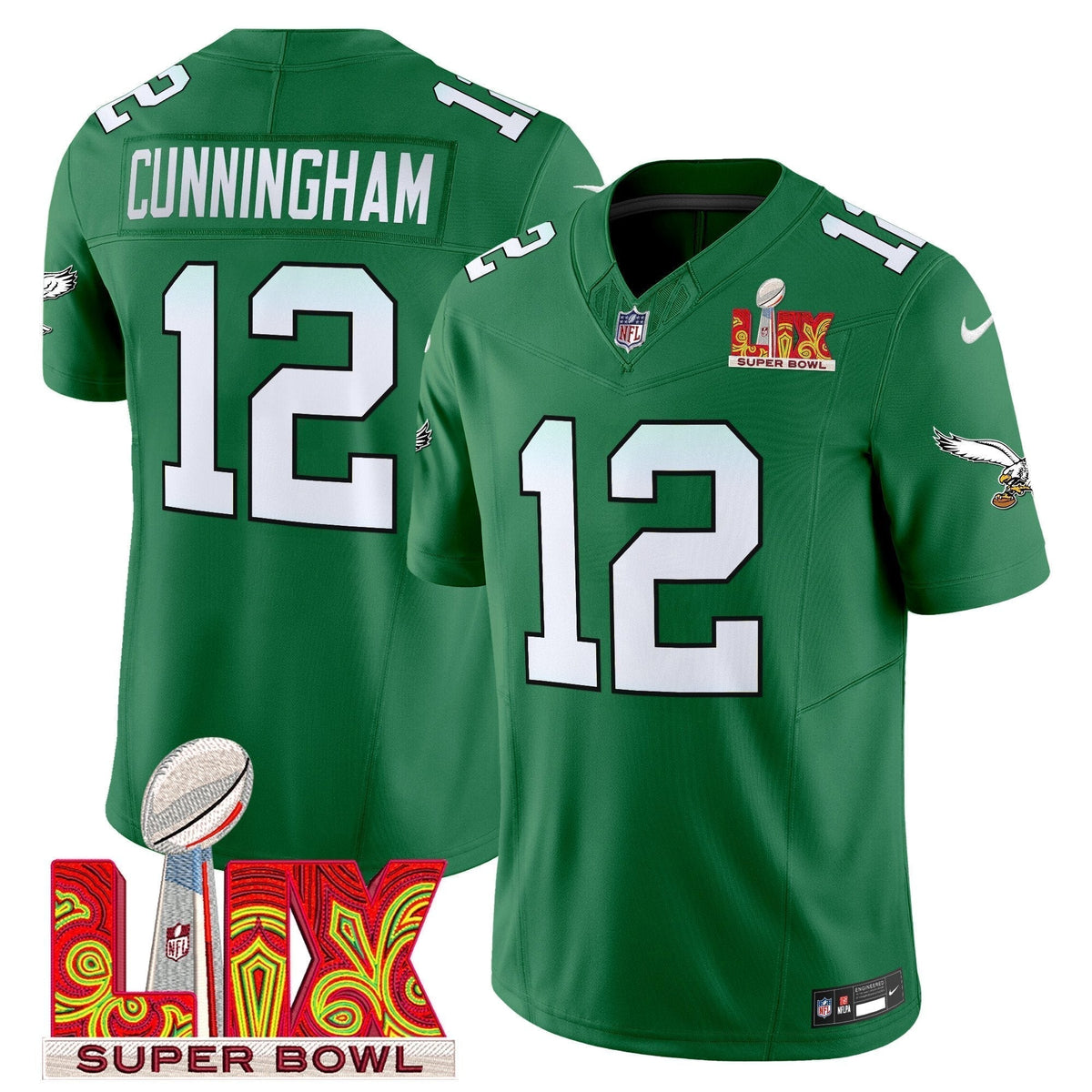 PHI Kelly Green Super Bowl LIX Patch Vapor Limited Jersey - Stitched